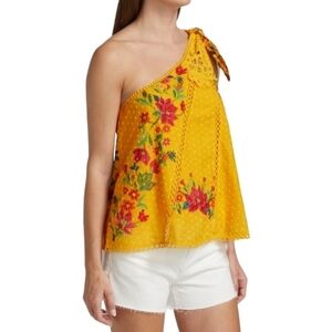 Farm Rio Yellow Flower Dream Embroidered One-Shoulder Blouse - Size Small